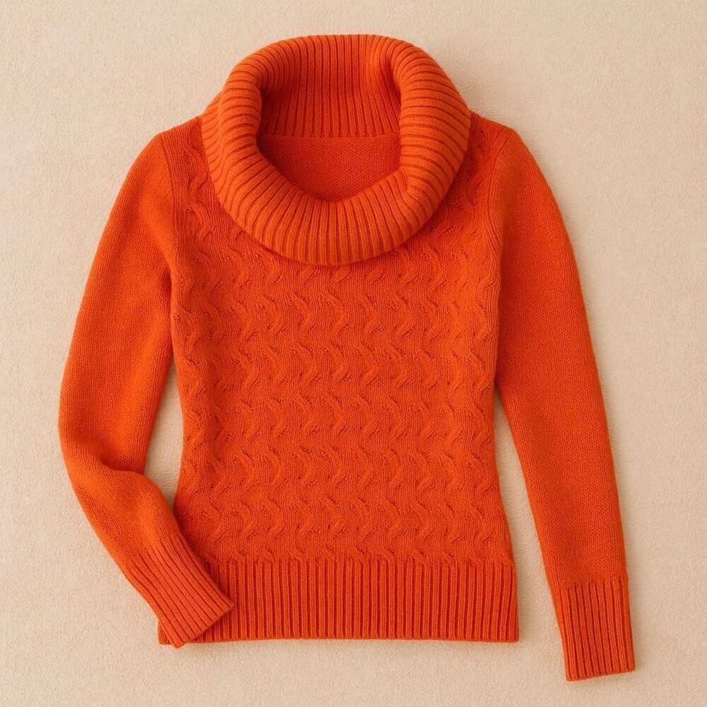 Anthropologie Hekla & Co Wool Blend Burnt Orange Cable Knit Cowl Neck Sweater S